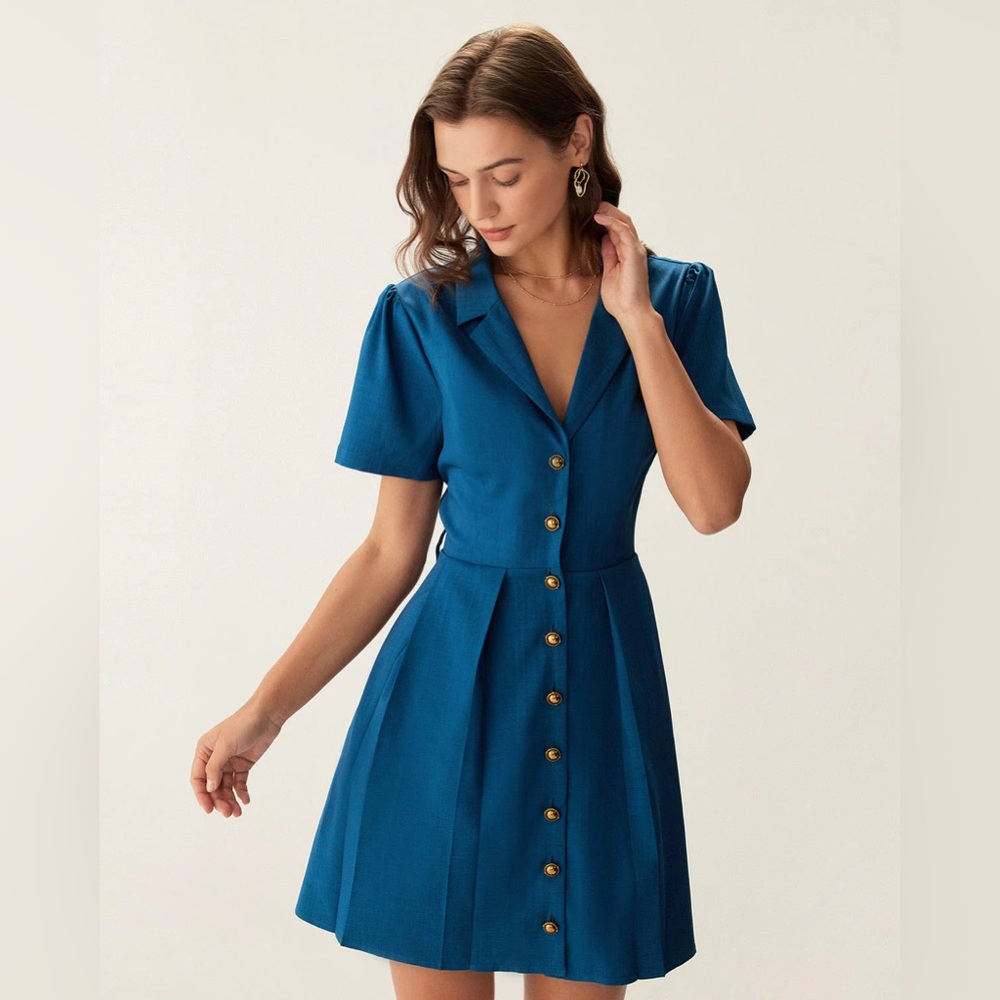 Rihoas Blue Puffed Sleeve Button Mini Dress